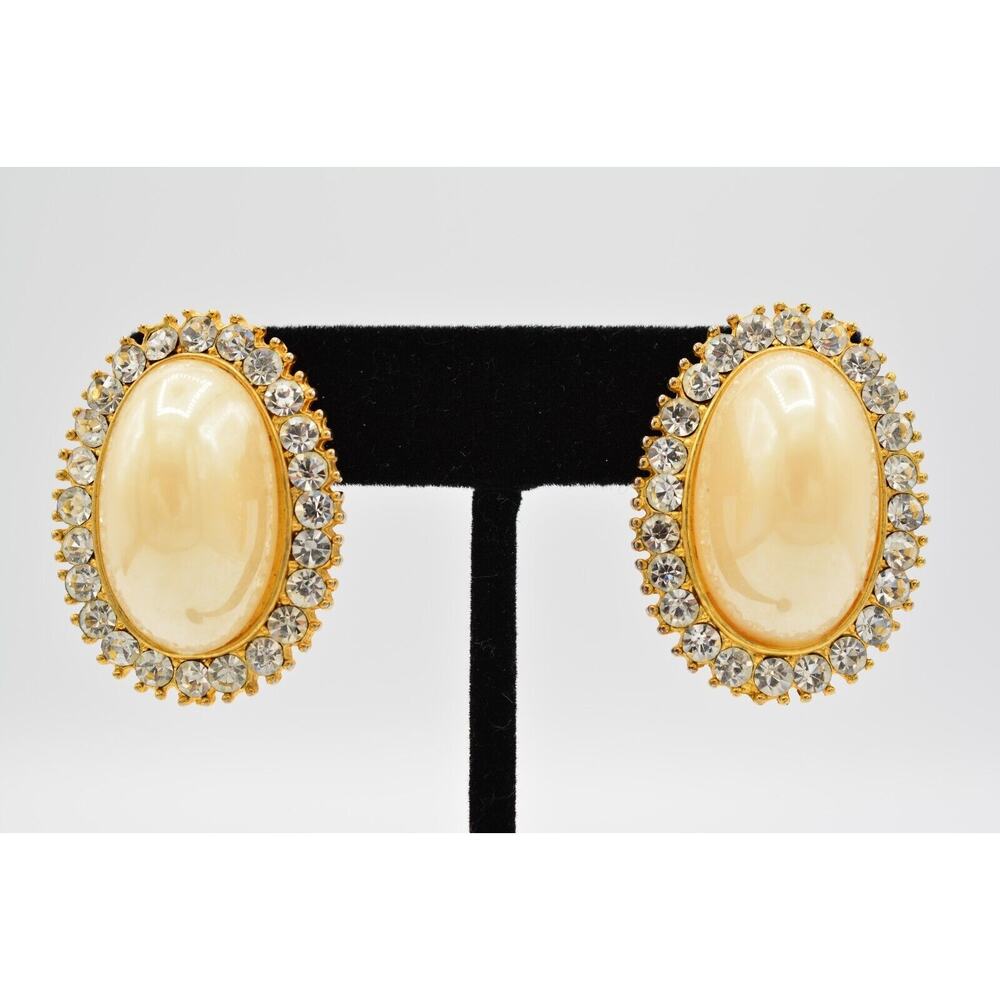 Vintage Pearl Dangle Earrings Rhinestone Crystal Chunky Oval Shiny 1980s BinAE
